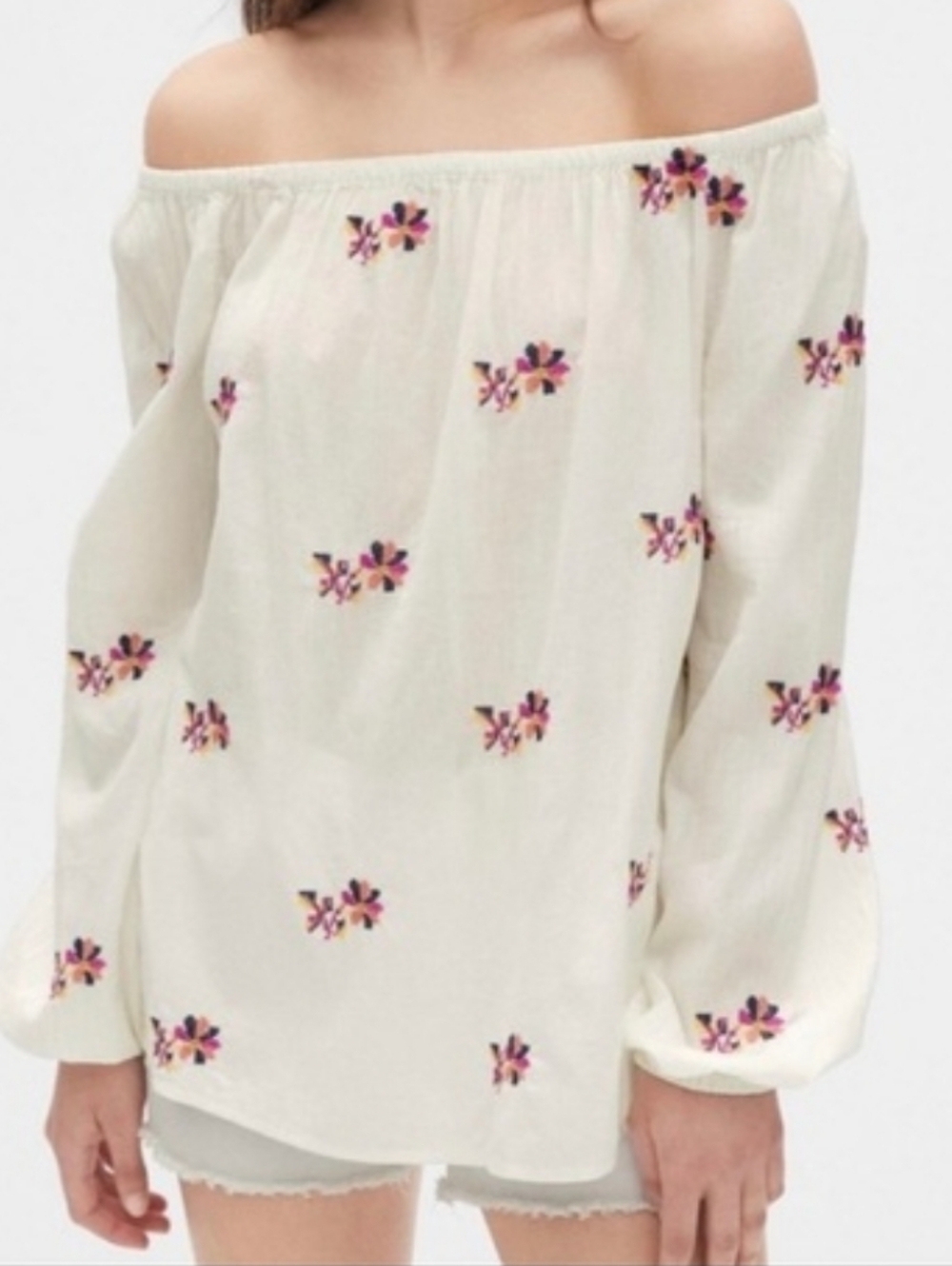 GAP Cream Off-Shoulder Peasent Blouse with Pink & Purple Floral Embroidery NWT